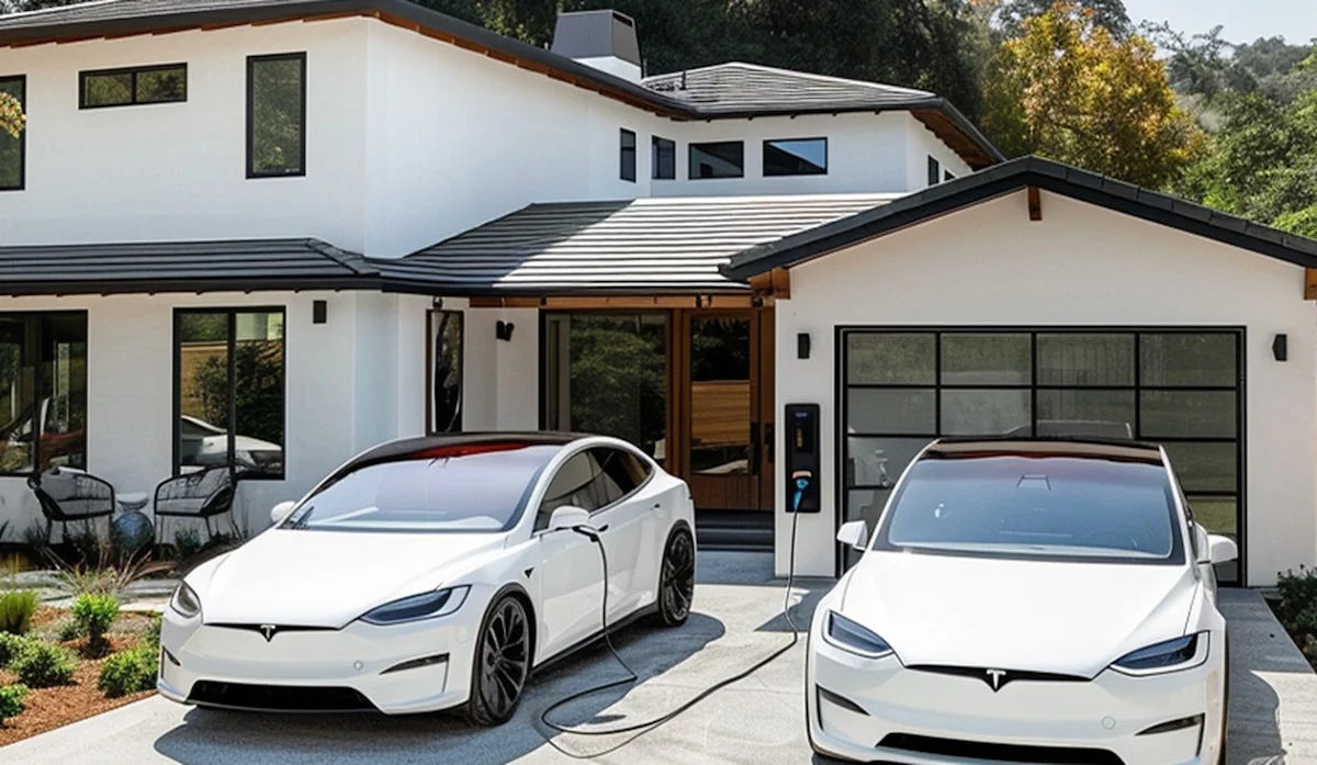 Two electric cars on a suburban driveway with one wall-mounted home charger
