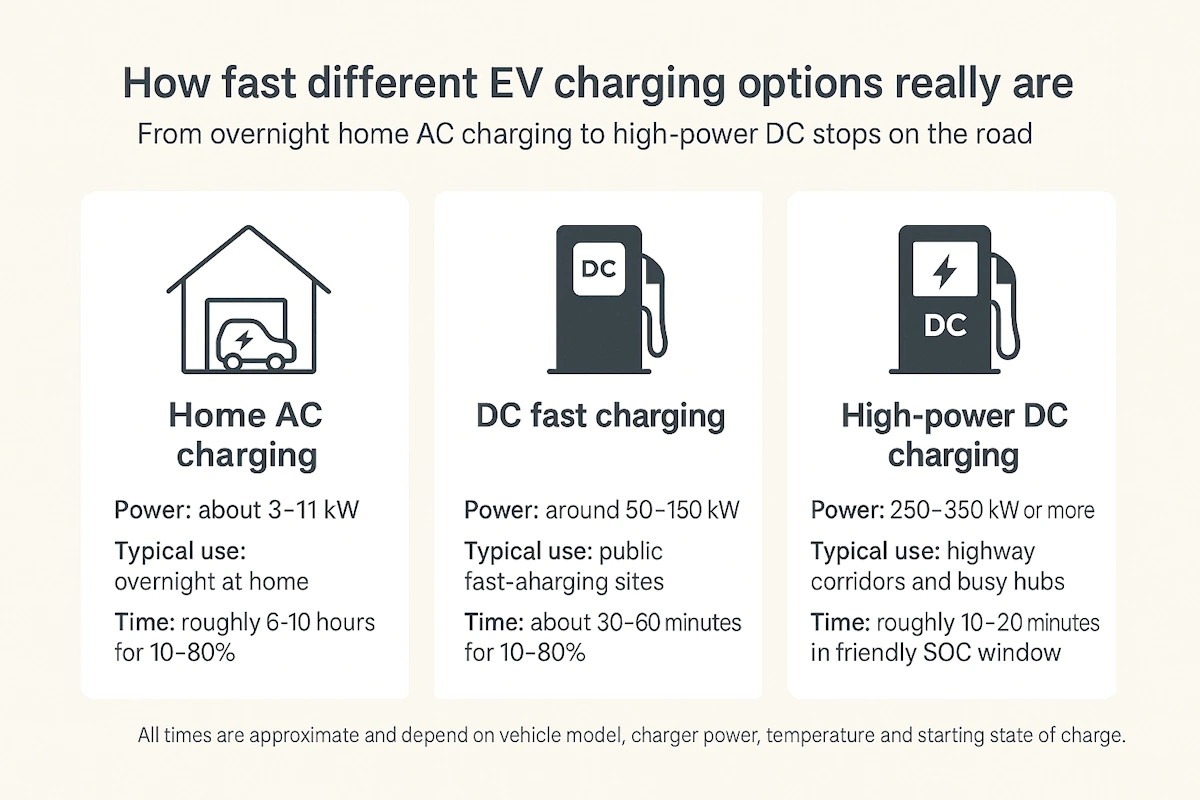 Infographic comparing home AC, DC fast charging and high-power DC charging times for electric vehicles