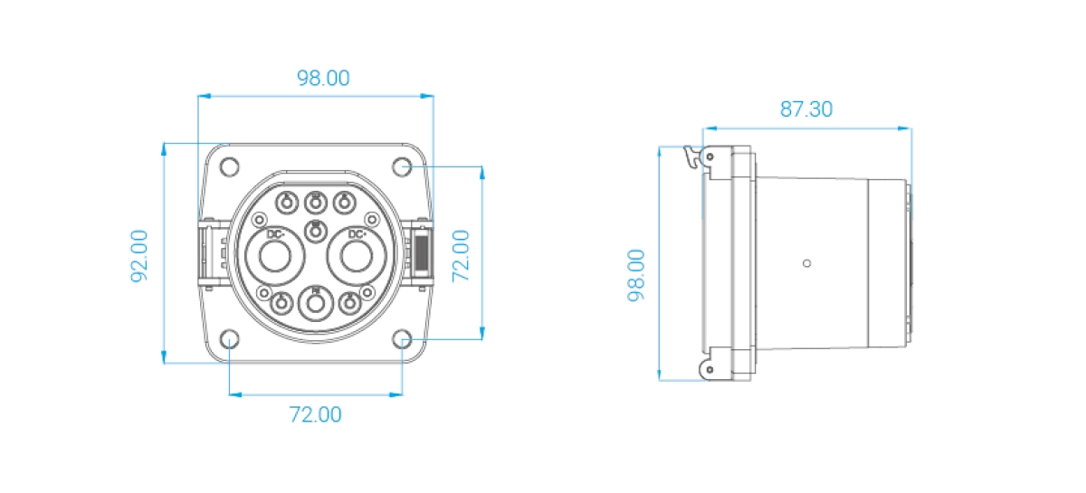 Dimension drawing of Workersbee GBT DC vehicle inlet socket with front and side views