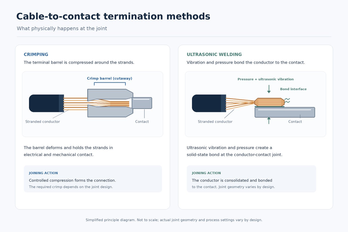 Simplified diagram comparing how crimping compresses stranded conductors inside a contact barrel and how ultrasonic welding bonds a conductor bundle to a contact.
